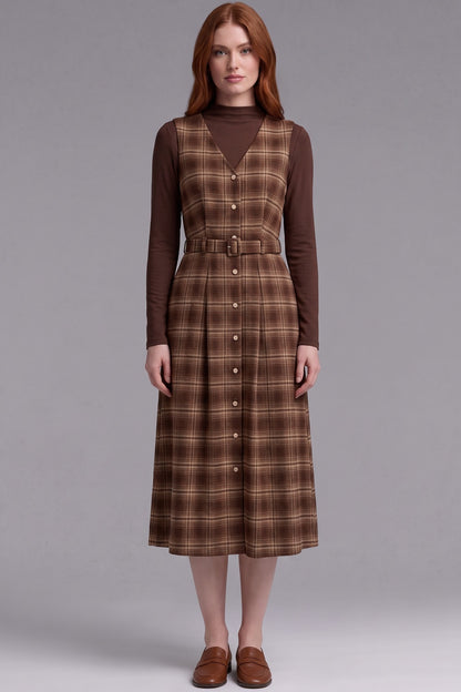 Brown Plaid Two-Piece Layered Dress Set with Belt Brown, Tan Woven plaid fabric Two-piece layered dress set - product view 1
