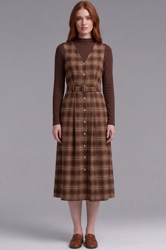 Brown Plaid Two-Piece Layered Dress Set with Belt Brown, Tan Woven plaid fabric Two-piece layered dress set - product view 1
