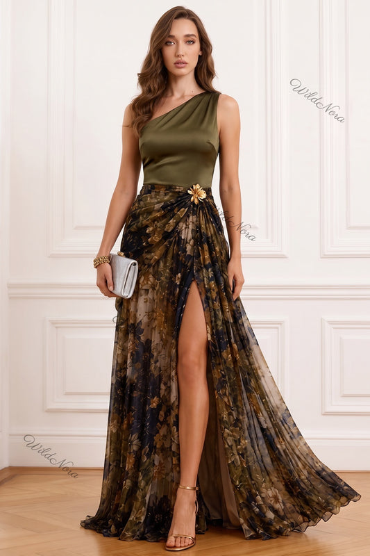 Olive Green Satin Asymmetrical A-Line Evening Gown with High Slit olive green, dark brown, black satin evening gown - product view 1