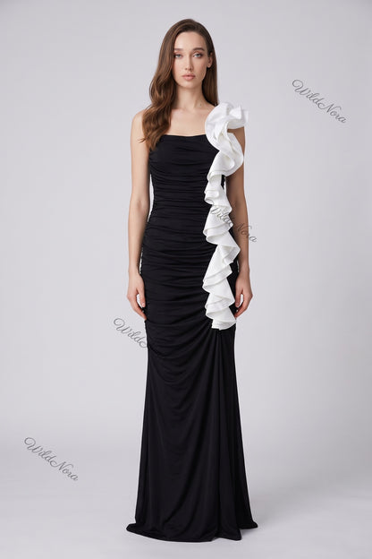 Black Synthetic Stretch Jersey Column Evening Gown with White Ruffle Trim black synthetic stretch jersey evening gown - product view 1