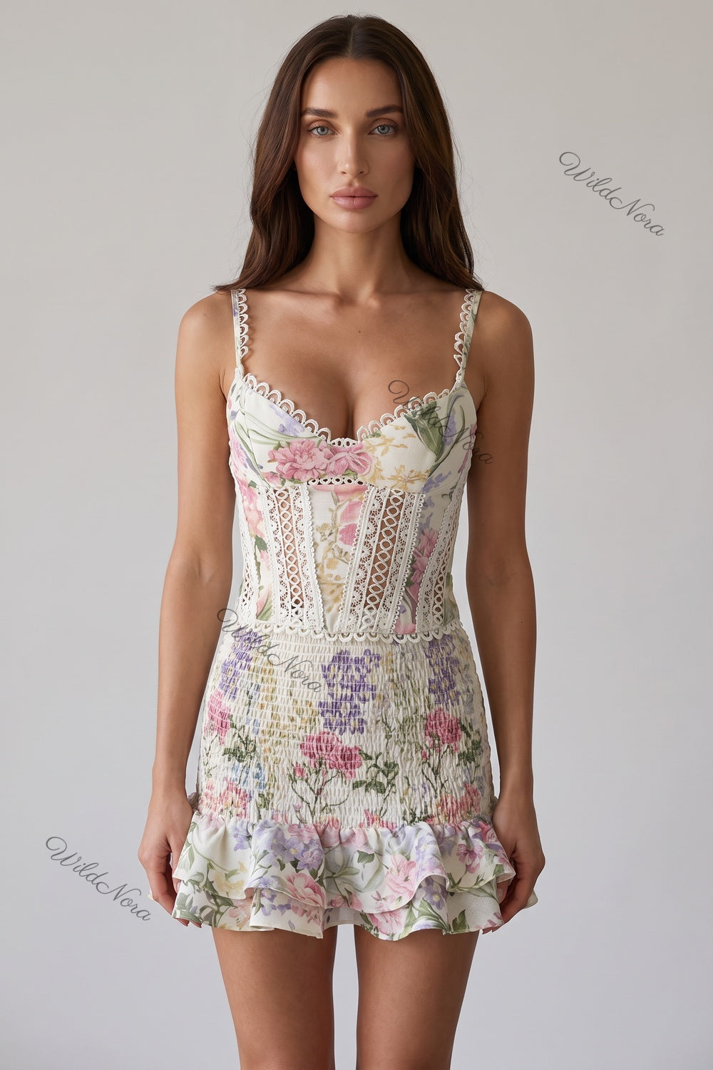 Floral Corset Two-Piece Set with Smocked Mini Skirt off-white, cream cotton-linen blend two-piece set - product view 1