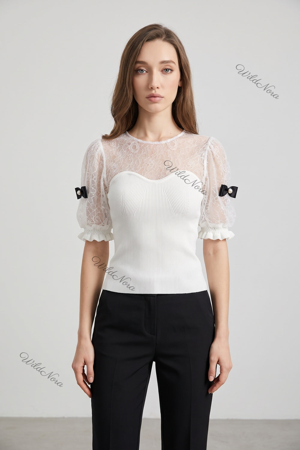 White Ribbed Knit and Lace Puff Sleeve Top with Pearl Bow Details white ribbed knit top - product view 1