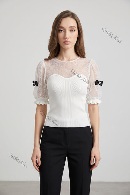 White Ribbed Knit and Lace Puff Sleeve Top with Pearl Bow Details white ribbed knit top - product view 1