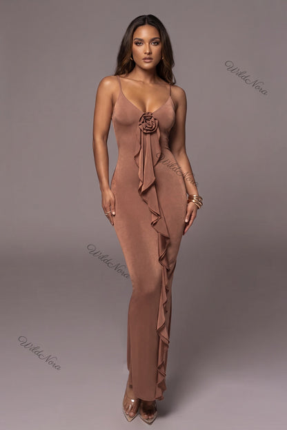 Bronze Brown Stretch Jersey Bodycon Maxi Dress with Front Rosette and Ruffle Detail bronze brown stretch jersey maxi dress - product view 1