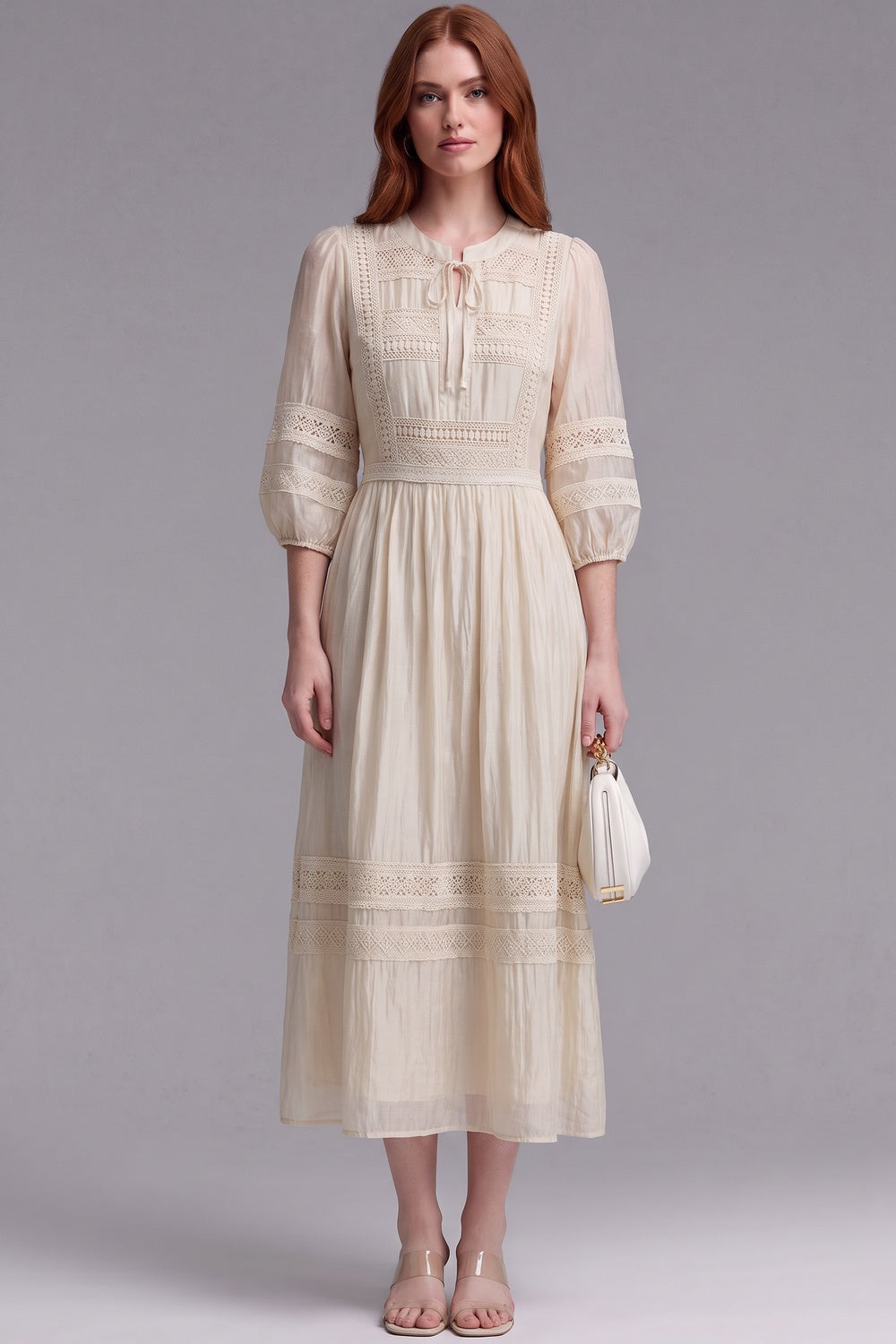 Cream A-Line Midi Dress with Lace Inserts cream, light beige lightweight semi-sheer woven dress - product view 1