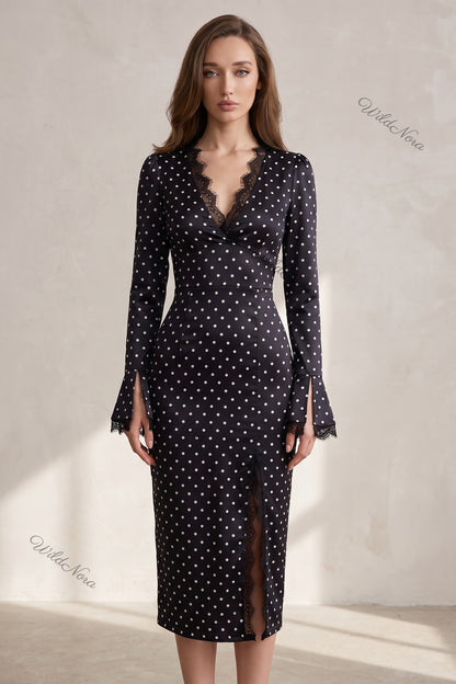 Black Satin Polka Dot Fitted Sheath Dress with Lace Trim black satin dress - product view 1