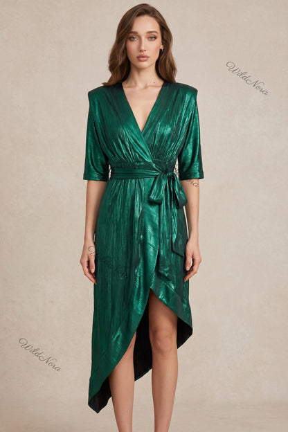 Emerald Green Metallic Plisse Wrap Dress emerald green metallic plisse synthetic dress - product view 1