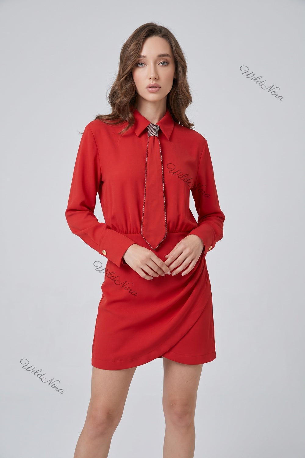 Red Polyester Crepe Draped A-Line Mini Dress with Beaded Tie red polyester crepe dress - product view 1