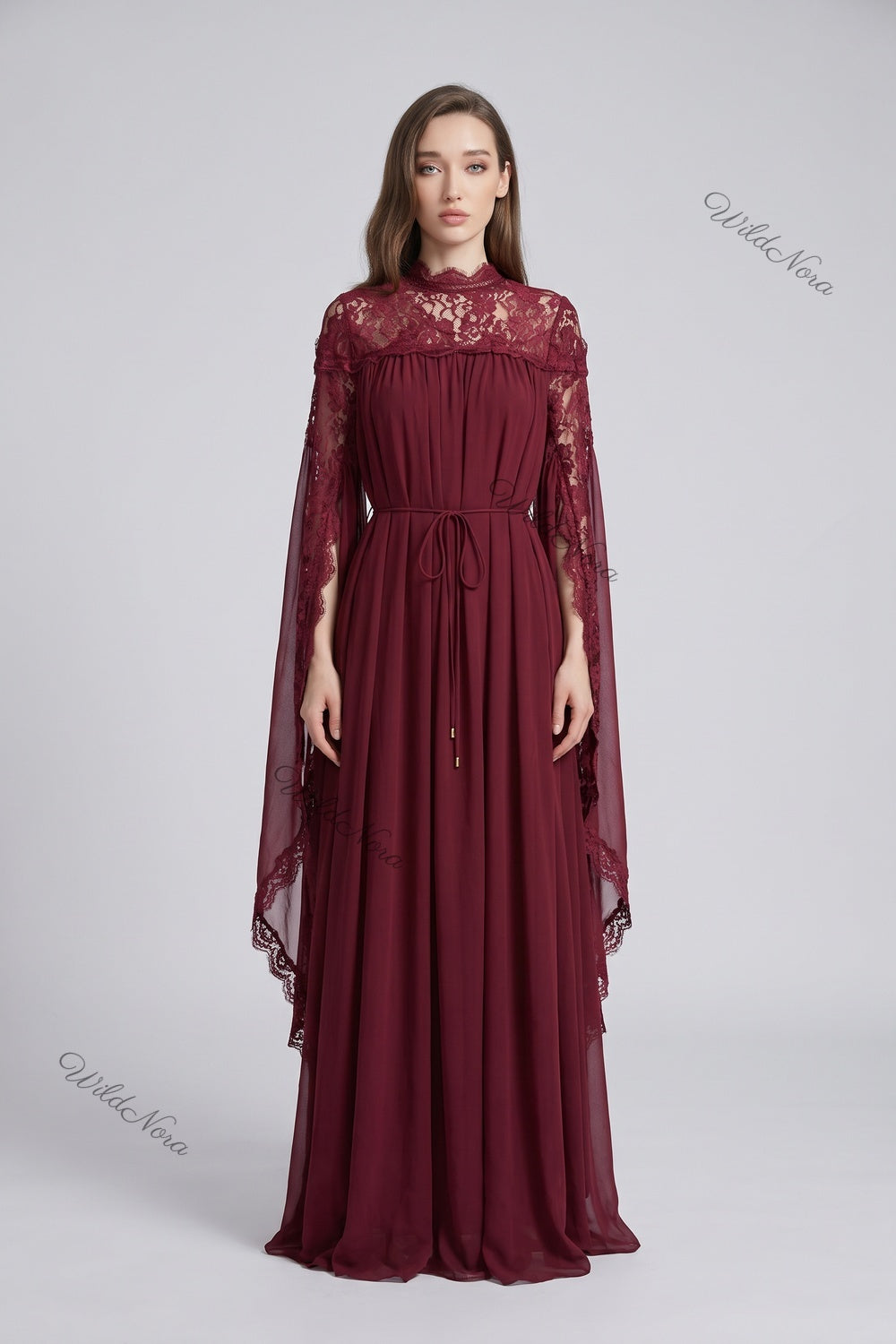 Burgundy Chiffon Cape Sleeve Maxi Dress with Floral Lace Yoke Burgundy Chiffon Maxi dress with cape overlay - product view 1