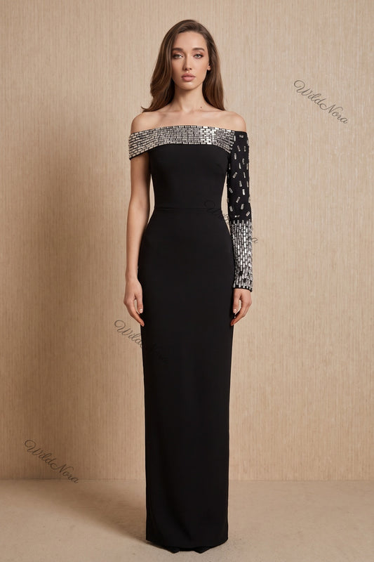 Black Structured Crepe Column Dress with Crystal-Sleeved Asymmetric Detail black structured crepe dress - product view 1