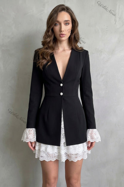 Black Woven Suiting Fitted A-Line Blazer Dress black woven suiting blazer dress - product view 1