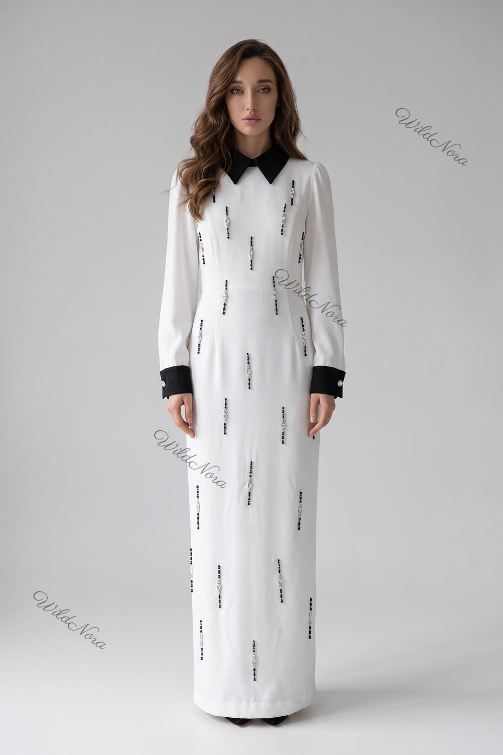 White Crepe A-Line Maxi Dress with Beaded Embellishments white crepe maxi dress - product view 1