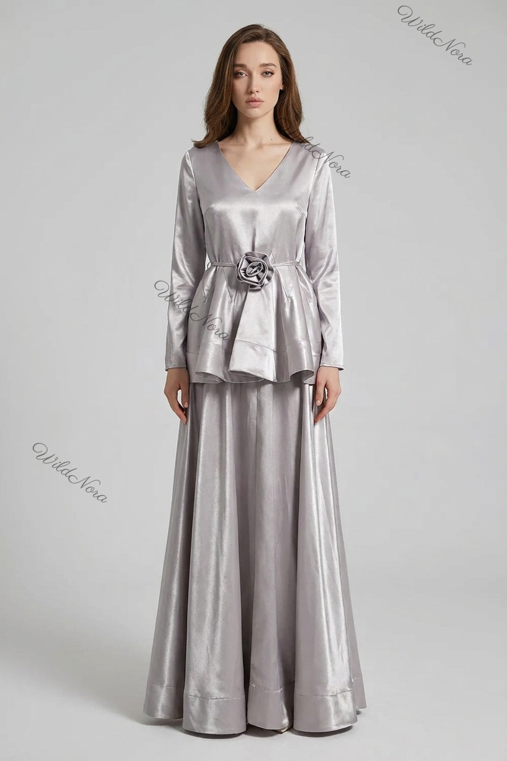 Silver Satin Peplum Top with Flared Maxi Skirt Two-Piece Set silver satin two-piece set - product view 1