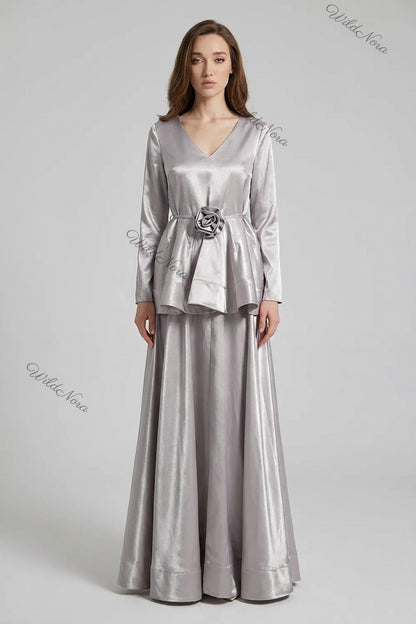 Silver Satin Peplum Top with Flared Maxi Skirt Two-Piece Set silver satin two-piece set - product view 1