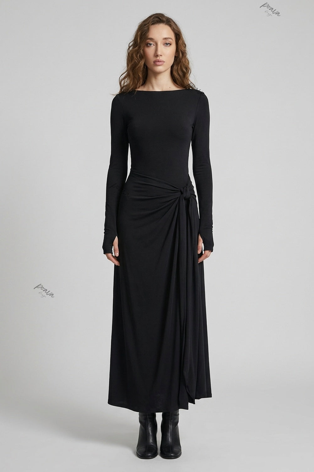 Black Stretch Jersey Maxi Dress with Draped Skirt and Thumbhole Sleeves black stretch jersey knit maxi dress - product view 1