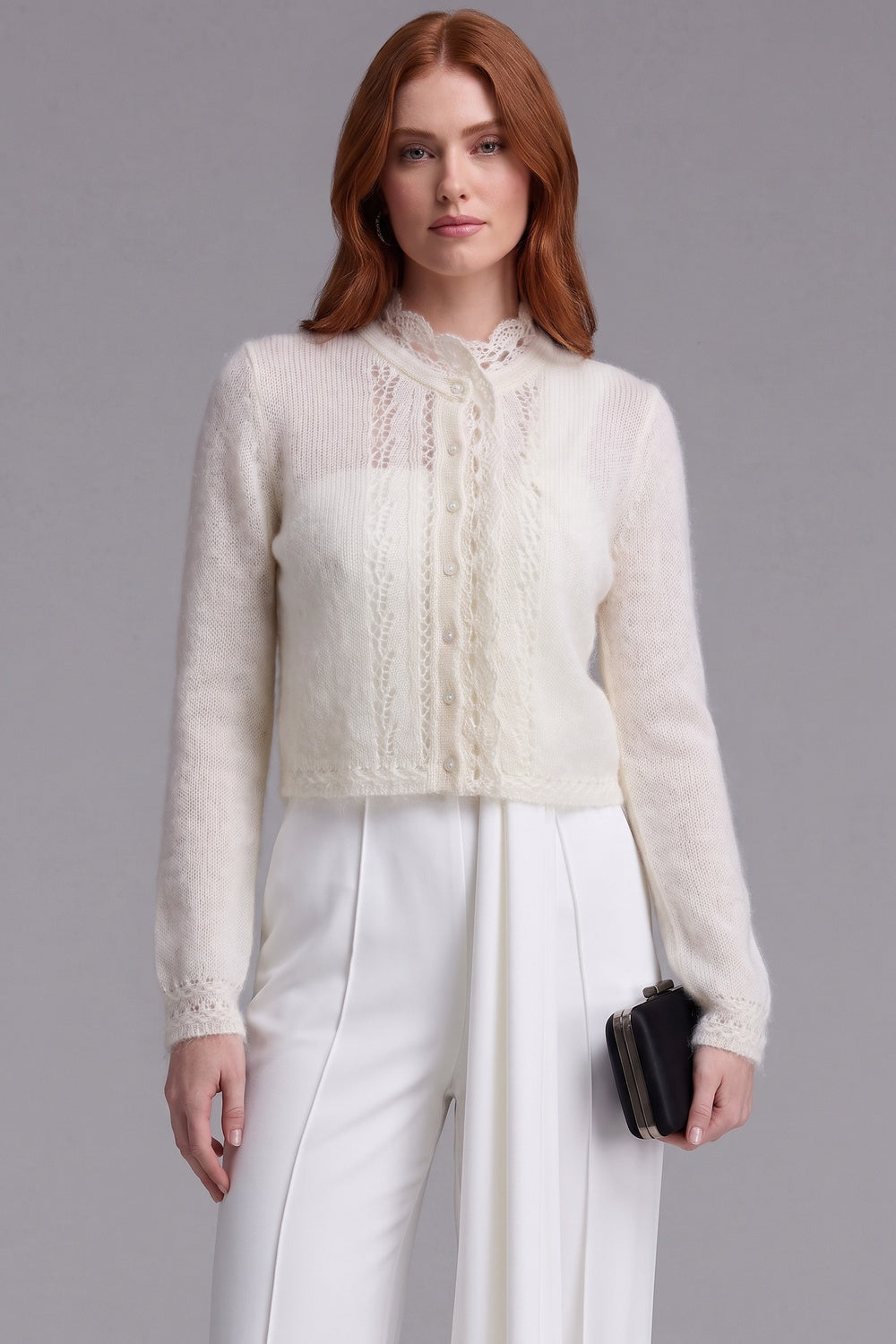 off-white mohair-blend knit cropped cardigan with scalloped lace trim off-white mohair-blend knit cardigan - product view 1