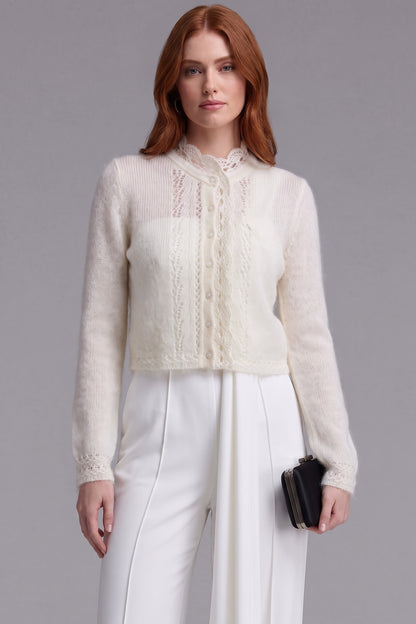 off-white mohair-blend knit cropped cardigan with scalloped lace trim off-white mohair-blend knit cardigan - product view 1