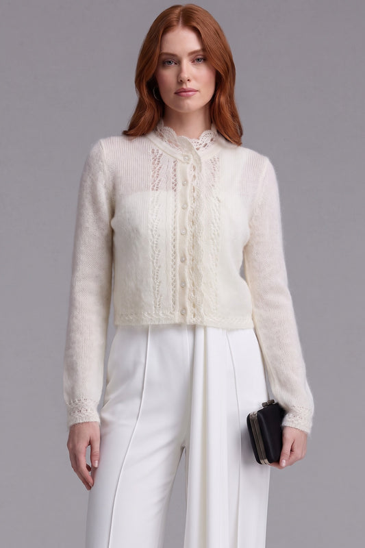 off-white mohair-blend knit cropped cardigan with scalloped lace trim off-white mohair-blend knit cardigan - product view 1