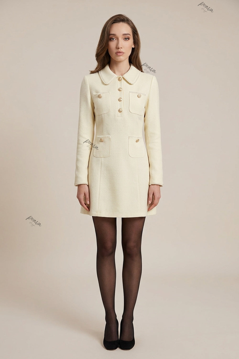 Cream Textured Woven Bouclé A-Line Mini Dress cream textured woven bouclé or heavy crepe dress - product view 1