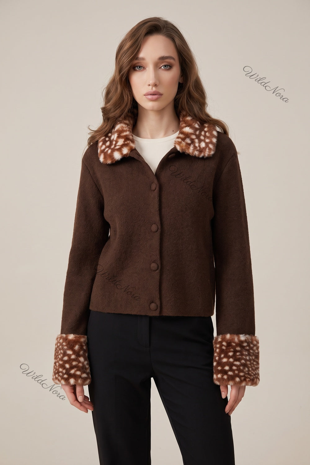 Dark Brown Box Knit Cardigan with Fawn-Spotted Faux Fur Trim dark brown fine knit cardigan - product view 1