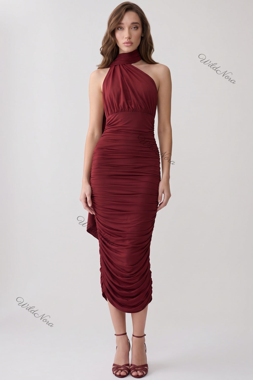 Burgundy Ruched Halter Bodycon Midi Dress burgundy stretch jersey dress - product view 1