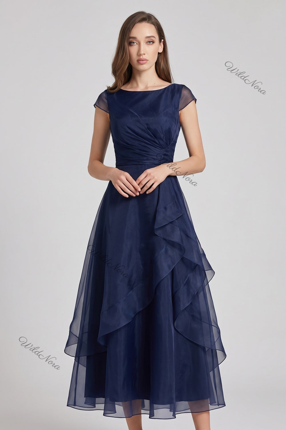 Navy Blue Organza A-line Midi Dress with Ruffle Skirt navy blue organza dress - product view 1
