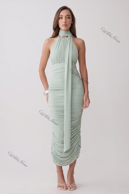 Mint Green Stretch Jersey Bodycon Midi Dress with Ruched Detail mint green stretch jersey dress - product view 1