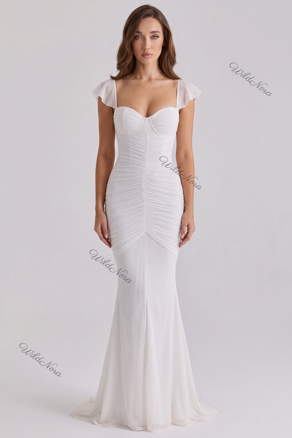 WildNora White Mermaid Ruched Mesh Gown white mesh gown - product view 1
