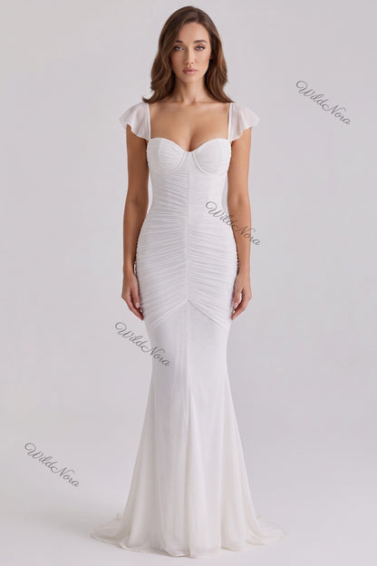 WildNora White Mermaid Ruched Mesh Gown white mesh gown - product view 1