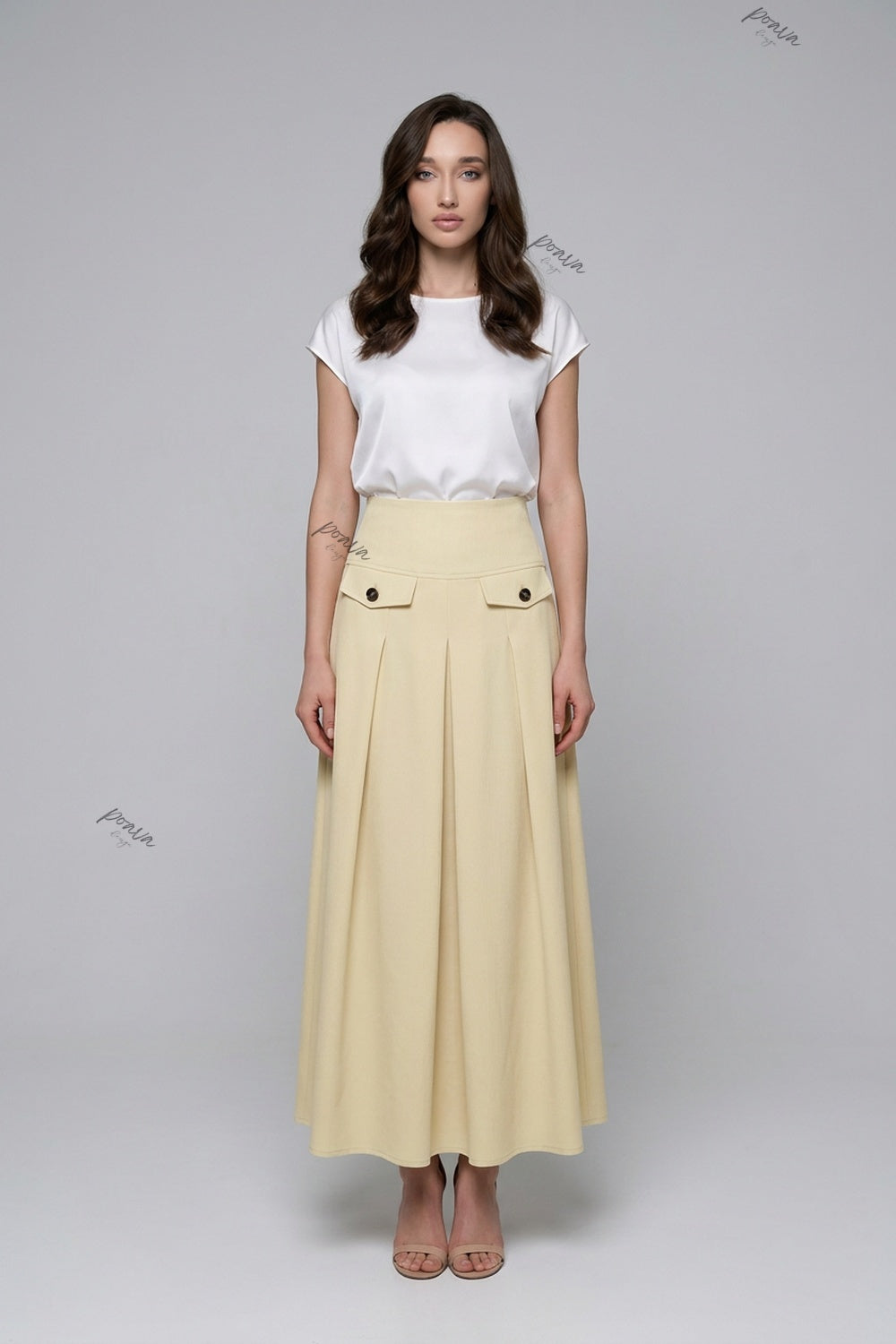 Pale Yellow A-Line Maxi Skirt with Contrasted Buttons pale yellow, cream medium-weight woven suiting or cotton-blend skirt - product view 1