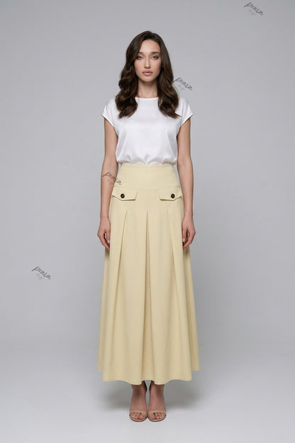 Pale Yellow A-Line Maxi Skirt with Contrasted Buttons pale yellow, cream medium-weight woven suiting or cotton-blend skirt - product view 1