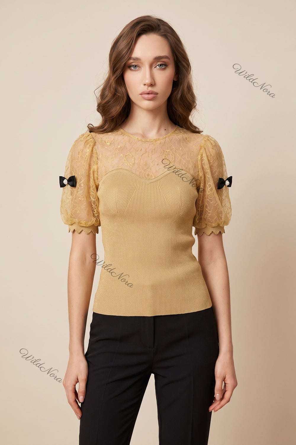 Gold Ribbed Knit Fitted Bodice with Puff Sleeves Top gold, beige ribbed knit top - product view 1