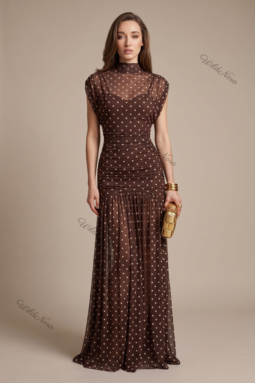 Dark Brown Polka Dot Sheer Mesh Mermaid Dress with Dropped Waist dark brown sheer mesh dress - product view 1