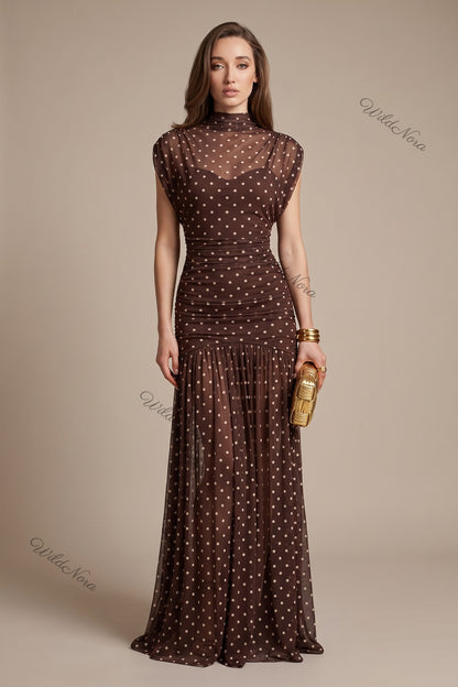 Dark Brown Polka Dot Sheer Mesh Mermaid Dress with Dropped Waist dark brown sheer mesh dress - product view 1