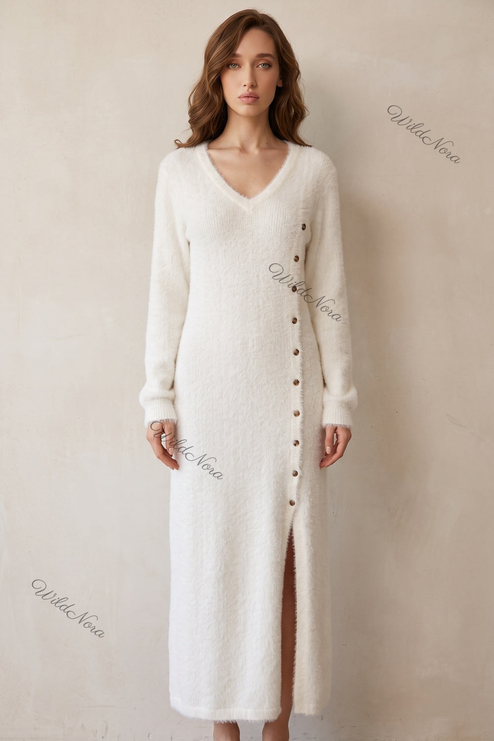 Off-White Fuzzy Eyelash Knit Column with Side Slit Sweater Dress off-white fuzzy eyelash knit sweater dress - product view 1