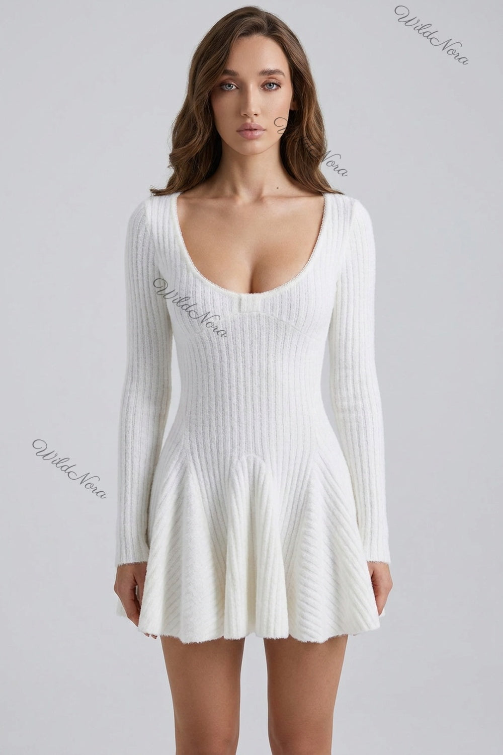 White Textured Knit Fit-and-Flare Mini Dress white textured knit dress - product view 1