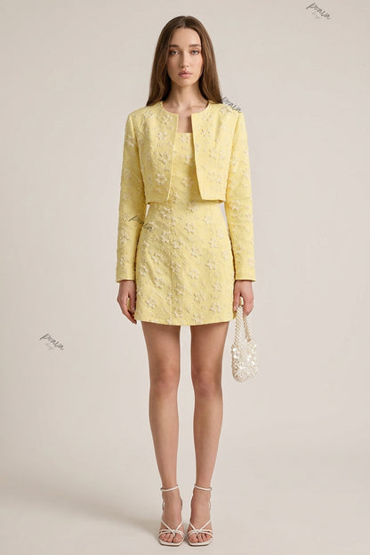 Pale Yellow Floral Appliqué Two-Piece Set Pale yellow Textured jacquard or embroidered organza overlay Two-piece set (cropped jacket and matching mini dress) - product view 1