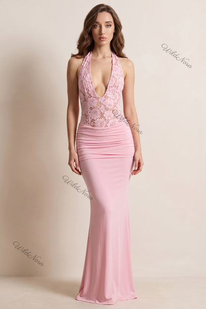Light Pink Stretch Jersey Mermaid Gown with Floral Lace Bodice light pink stretch jersey gown - product view 1