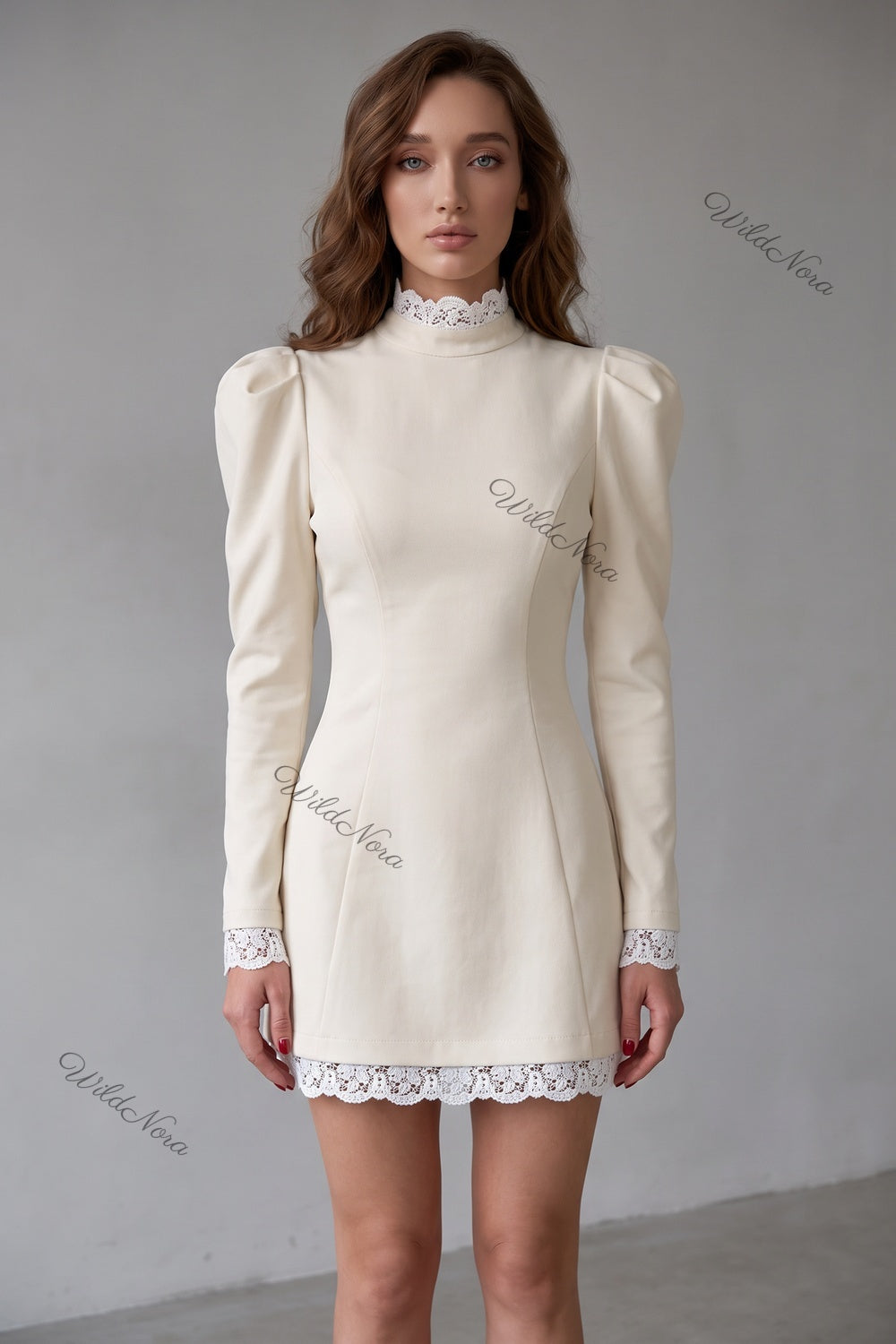 Cream Structured A-Line Mini Dress with Puff Shoulders and Lace Trim cream, off-white structured medium-weight woven or knit mini dress - product view 1