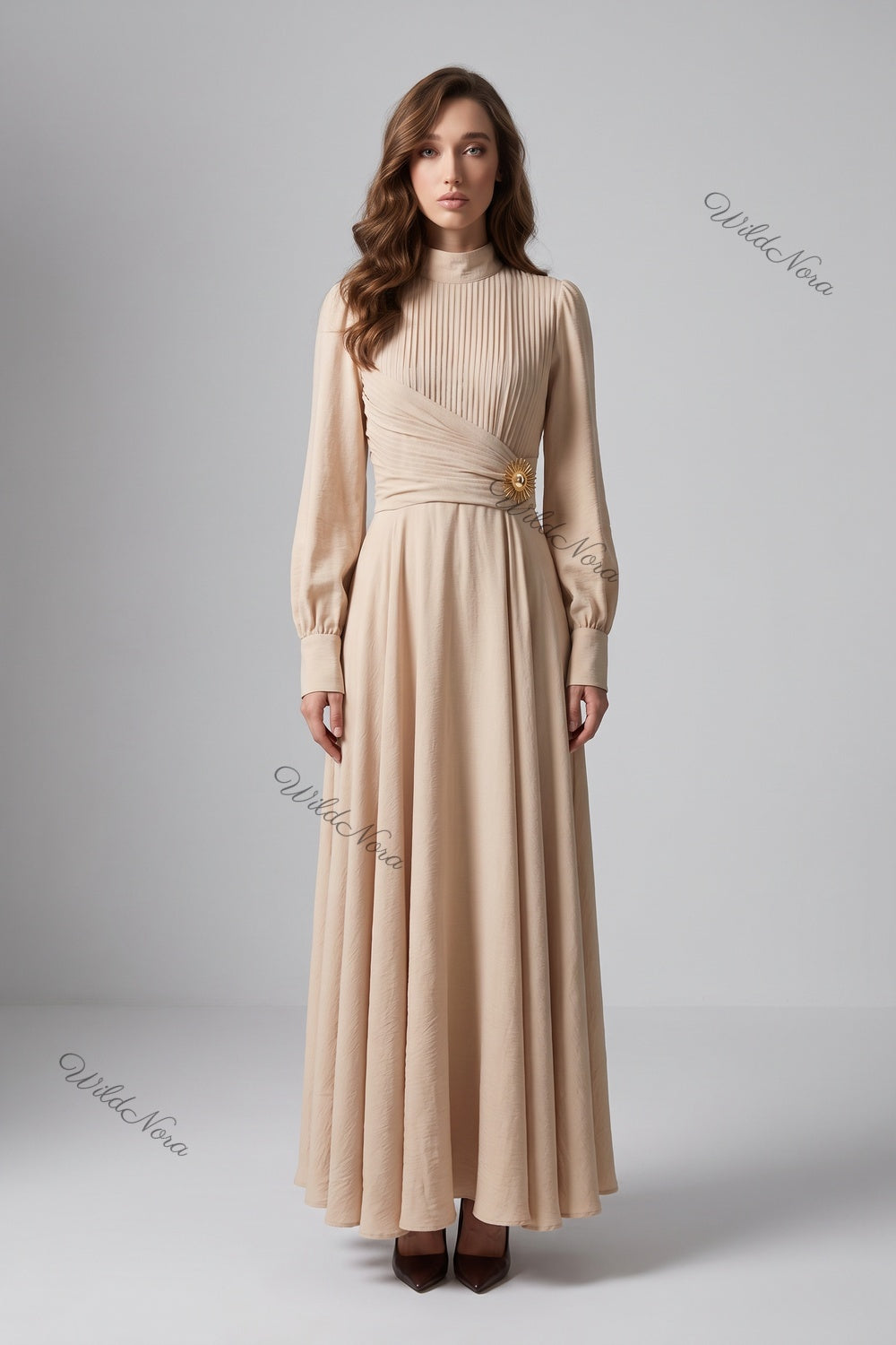 Beige Textured Linen-Blend A-Line Maxi Dress with Gold Brooch beige textured linen-blend maxi dress - product view 1