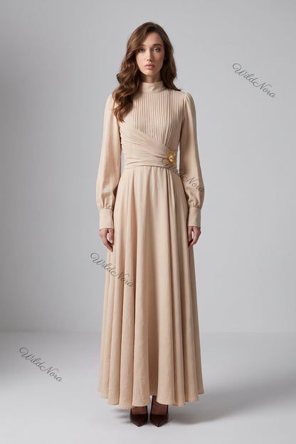 Beige Textured Linen-Blend A-Line Maxi Dress with Gold Brooch beige textured linen-blend maxi dress - product view 1
