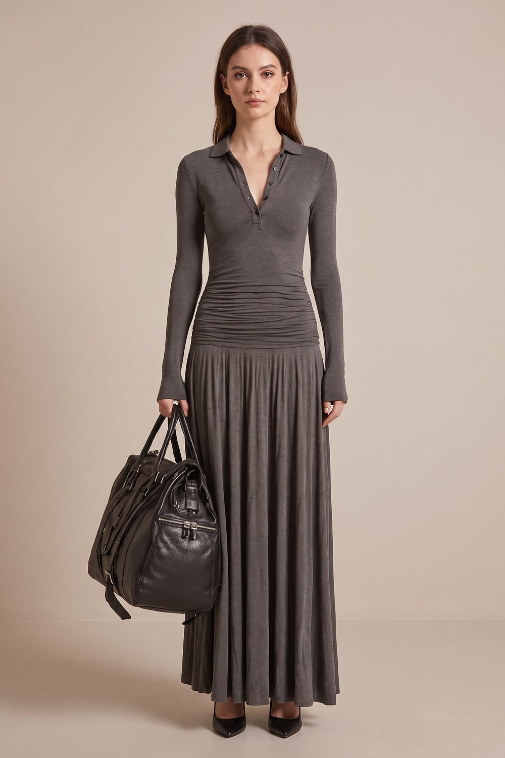 Grey Ruched Maxi Dress with Polo Collar Premium Fabric - product view 1