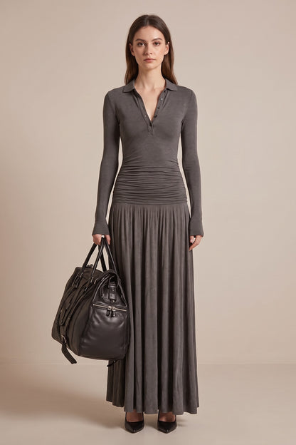 Grey Ruched Maxi Dress with Polo Collar Premium Fabric - product view 1