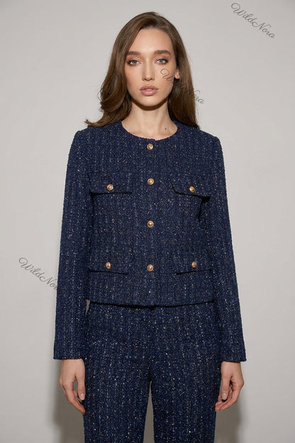 Navy Blue Tweed Boxy Cropped Jacket navy blue tweed jacket - product view 1