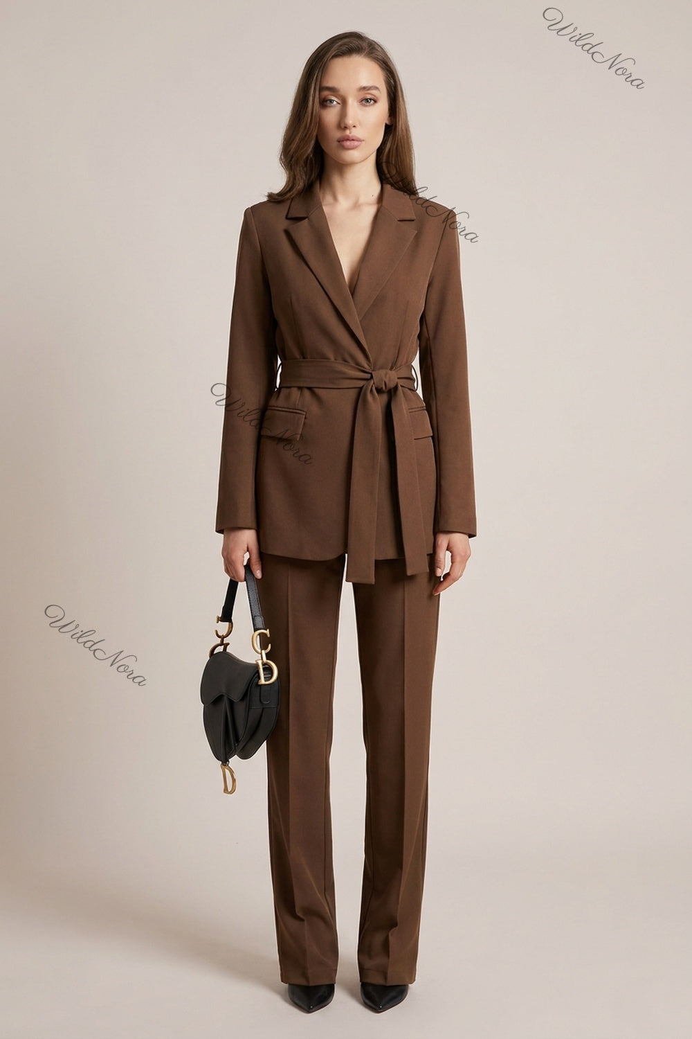 Medium Brown Mid-Weight Woven Two-Piece Pantsuit with Wrap-Front Blazer & Straight-Leg Trousers medium brown mid-weight woven suiting two-piece pantsuit - product view 1