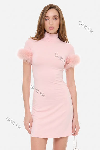 Light Pink Mock Neck Mini Dress with Feather Trim light pink stretch knit jersey dress - product view 1