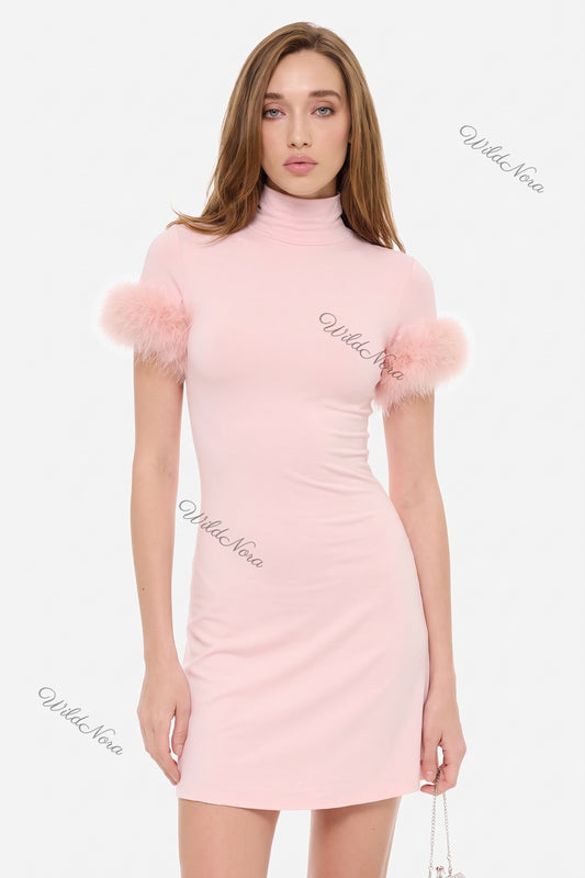 Light Pink Mock Neck Mini Dress with Feather Trim light pink stretch knit jersey dress - product view 1