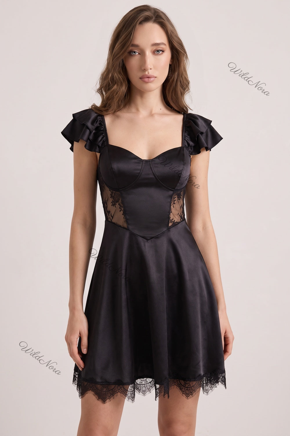 Black Satin Fit-and-Flare Mini Dress with Ruffled Cap Sleeves and Sheer Lace black satin dress - product view 1