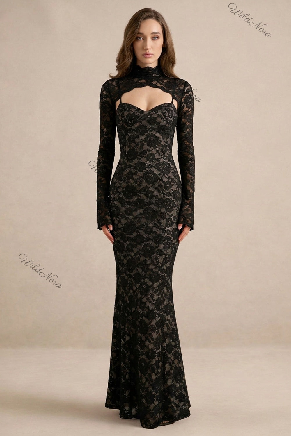 Black Floral Lace Mermaid Two-Piece Dress Set black floral lace two-piece dress set - product view 1