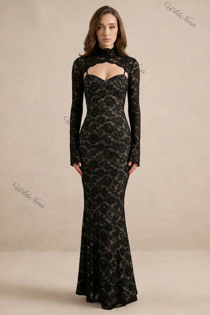 Black Floral Lace Mermaid Two-Piece Dress Set black floral lace two-piece dress set - product view 1